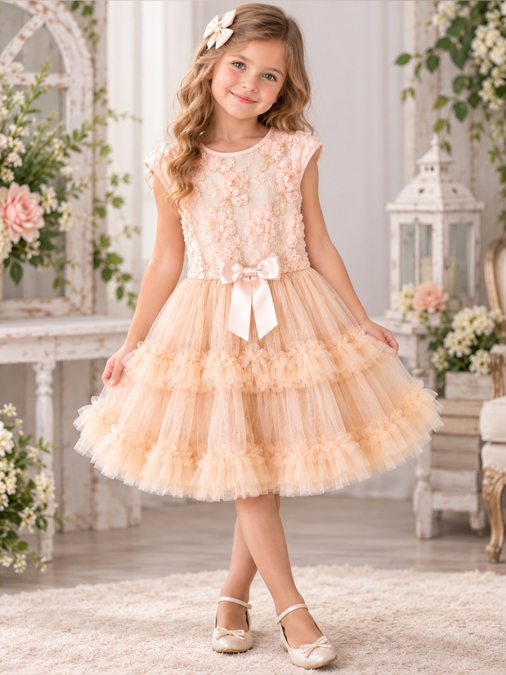 Popatu Girls 5/6 Blush Floral Tulle Ruffle Party Dress Bow EUC